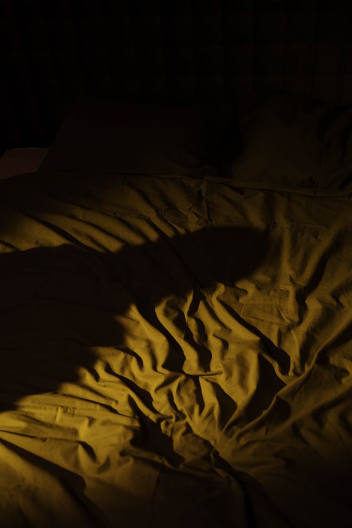 A dark bedroom with crumpled bedsheets and a mysterious shadow, capturing a moody nighttime atmosphere.